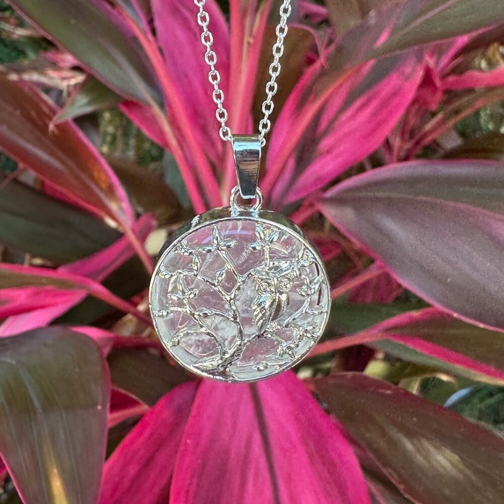 Sterling Silver Owl Tree of Life Pendant Necklace - Pink